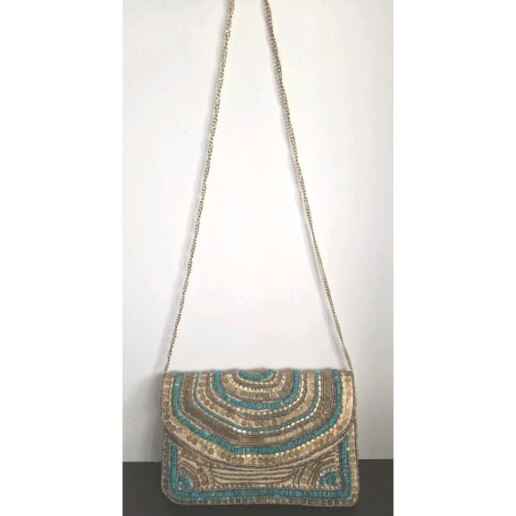 Gold & Turquoise Beaded Clutch / Crossbody Bag Gold Chain Strap Boho Western - Picture 2 of 10